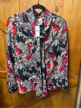 Ann Taylor Factory Black Tie-Neck Blouse with Red Floral Print and Cream Accents